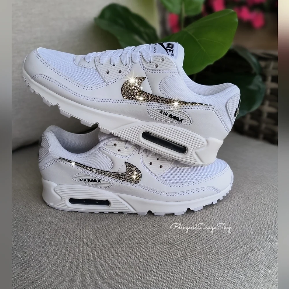 Women's Bling Nike Air Max 90 White Sneakers Shoes made with Swarovski C… - Picture 2 of 5